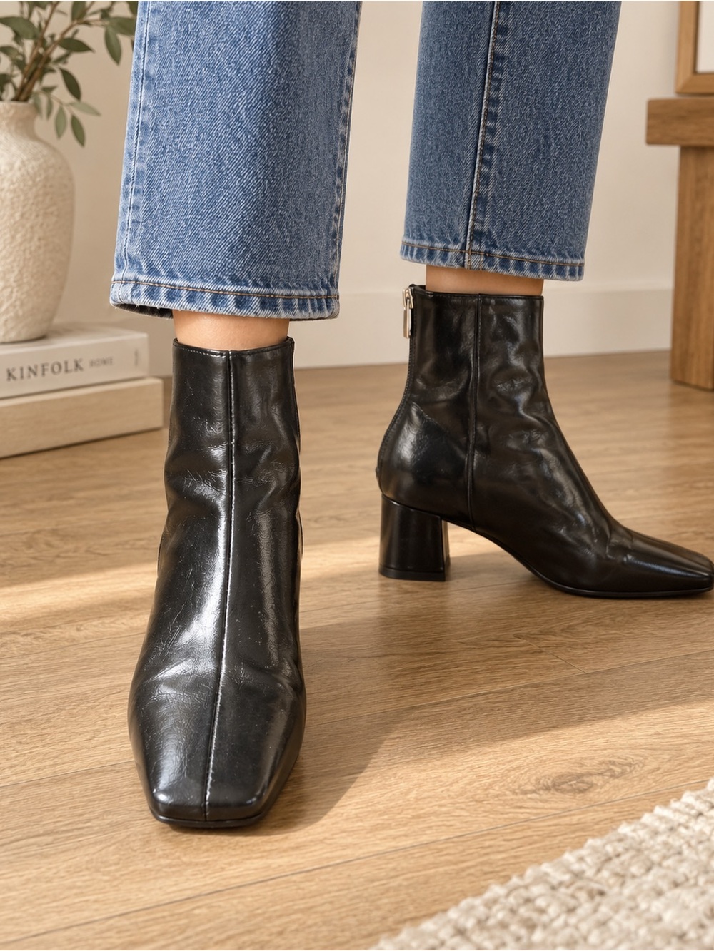 Zara Black Square Toe Ankle Boots Patent Leather Look Size 38